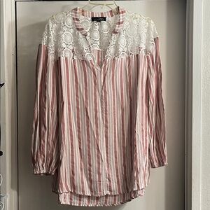 Suzanne Betro Pink and White Striped Lace Blouse